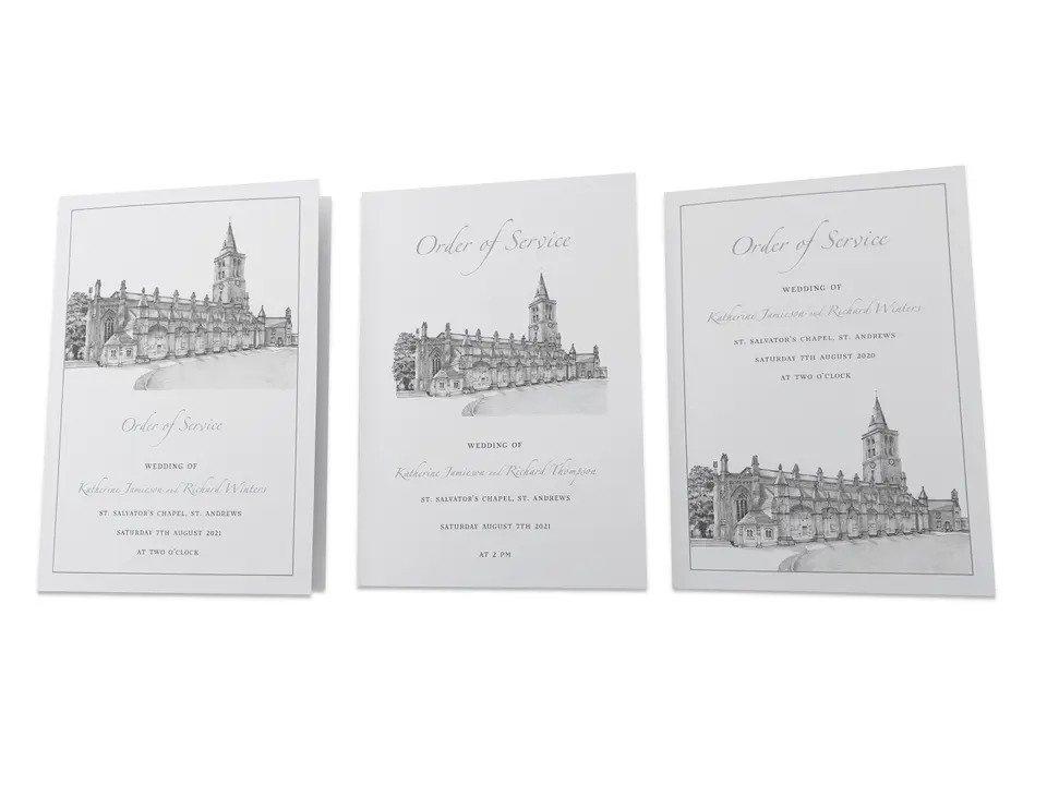Three black and white order of service with hand drawn venues