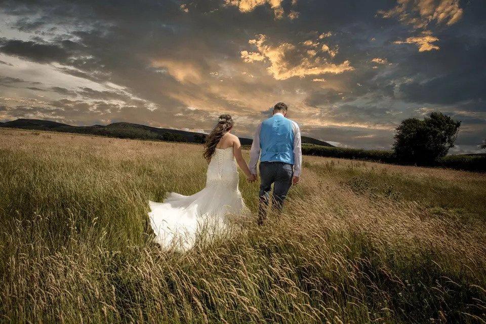 Back view of a bride and groom as they walk away from the camera through a field
