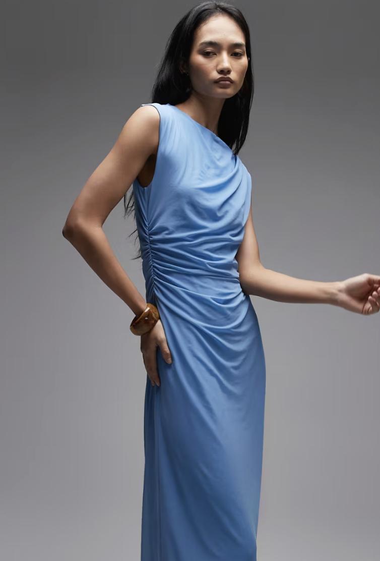 blue ruched midi dress from & other stories