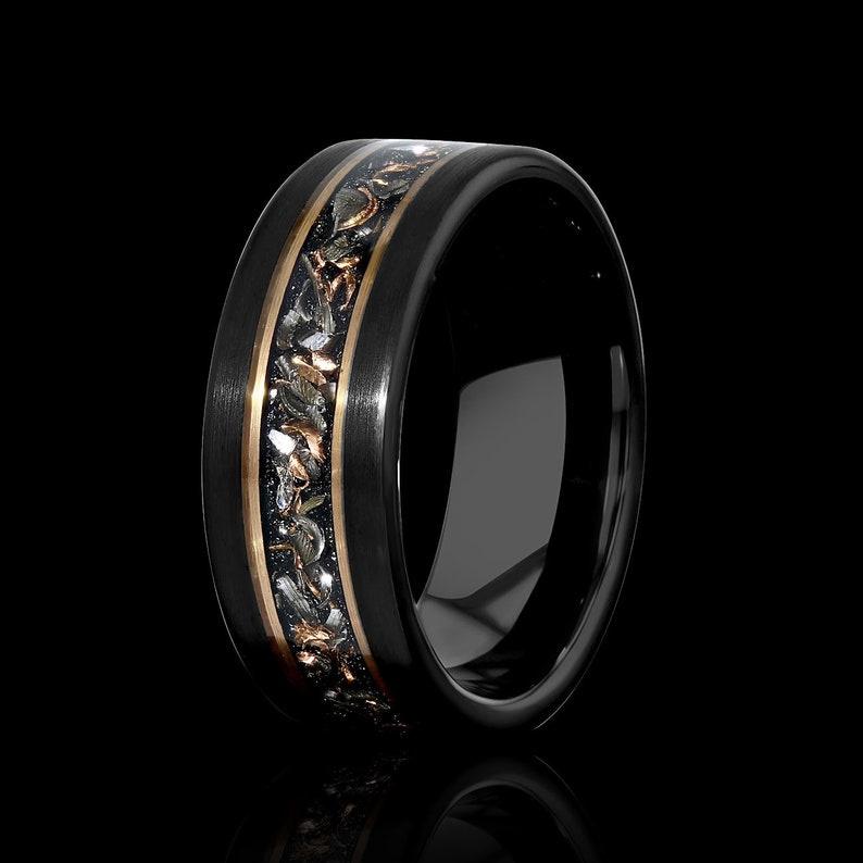Black tungsten ring with a copper meteorite-style inlay