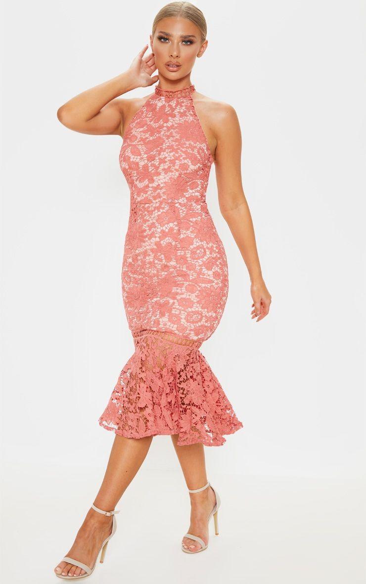 Pink lace high hotsell neck fishtail midi dress