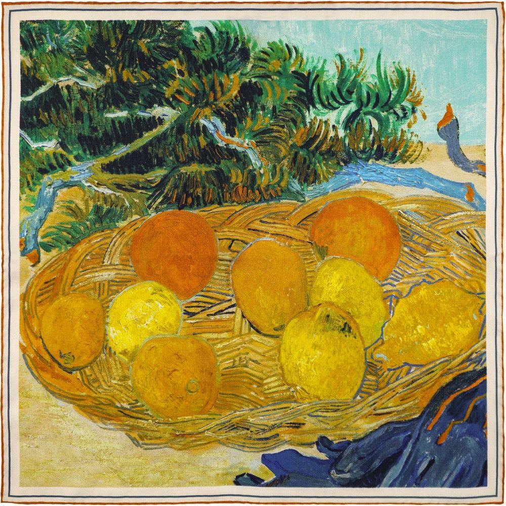 A silk pocket square depicting a Van Gogh artwork.