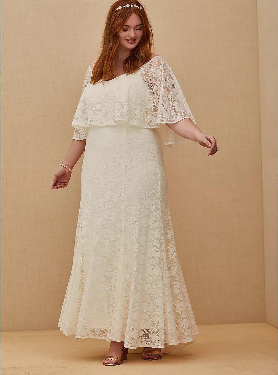 Lace plus size wedding dress  with lace overlay 