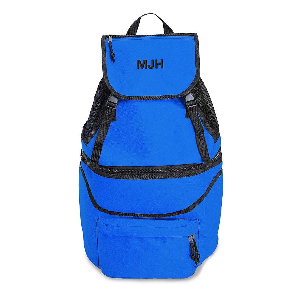 Royal blue cool bag backpack with initials stitched in black onto the front flap