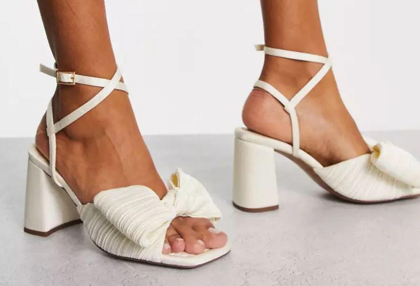 Karissa - Ivory Bridal Block Heels with Crystal Bows, Trim and Straps |  Georgies Bridal Shoes
