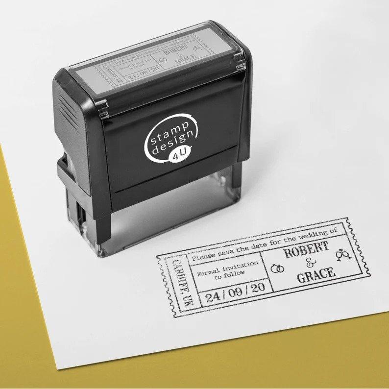 Stamp beside stamped paper, designed like a vintage playbill theatre ticket