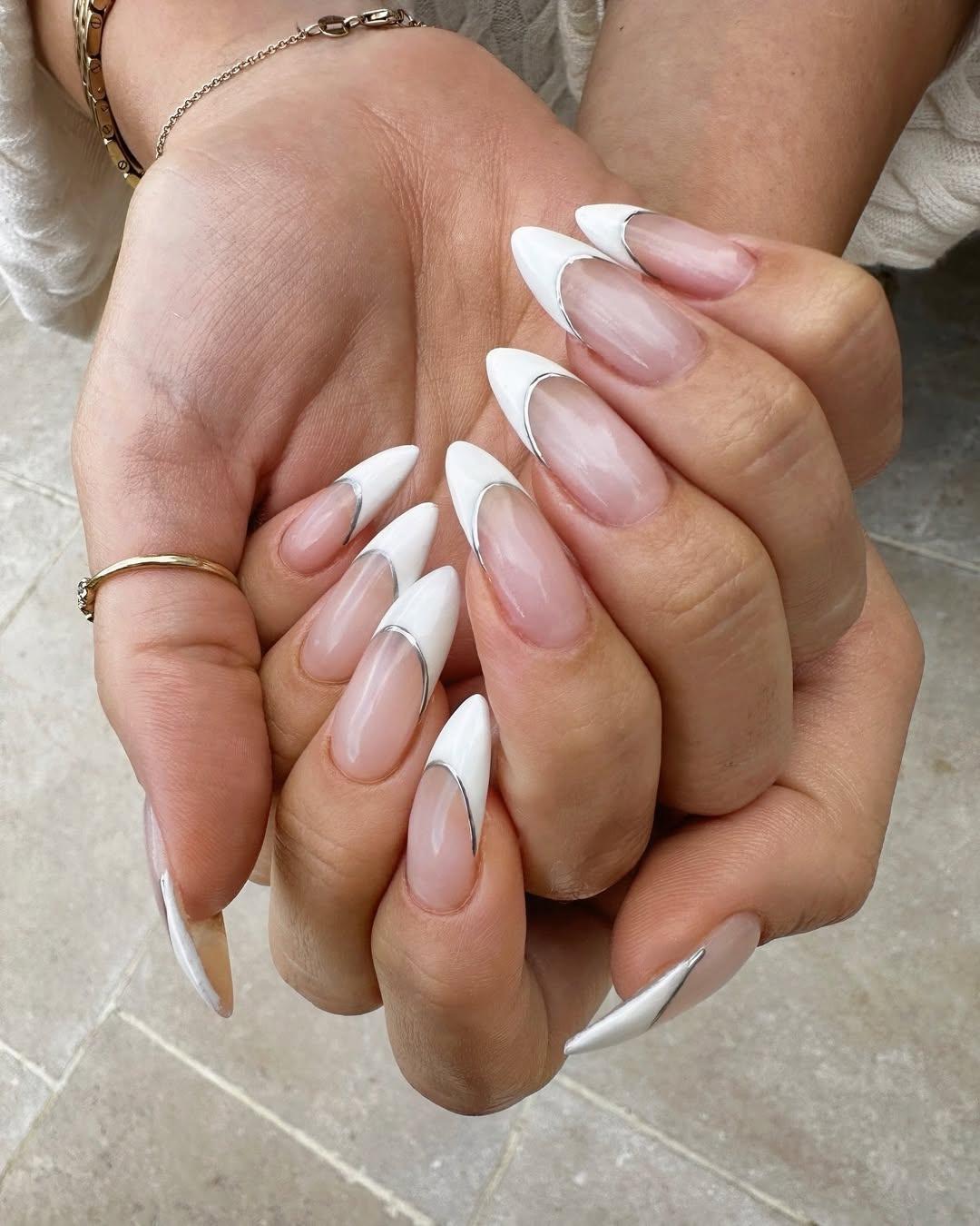 French manicure with chrome outlines