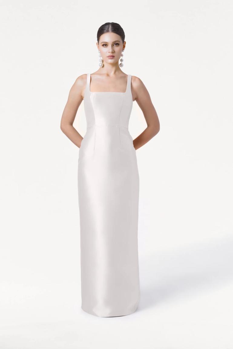 Th & Th Savoy Dress in Ivory Satin Twill