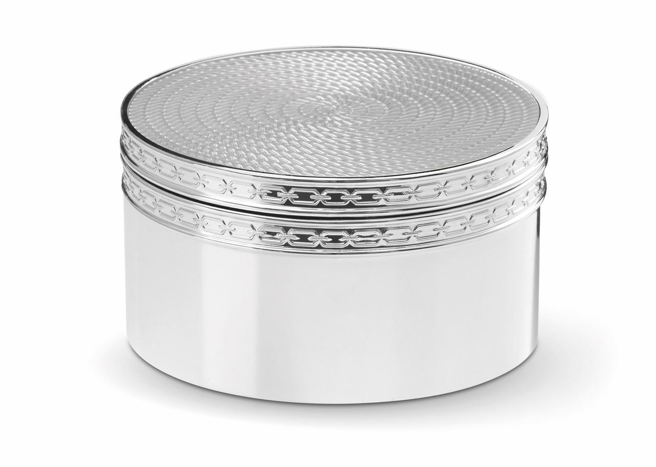 A silver plated trinket pot with a rustic pearl lid and engraved detailing around the rim.
