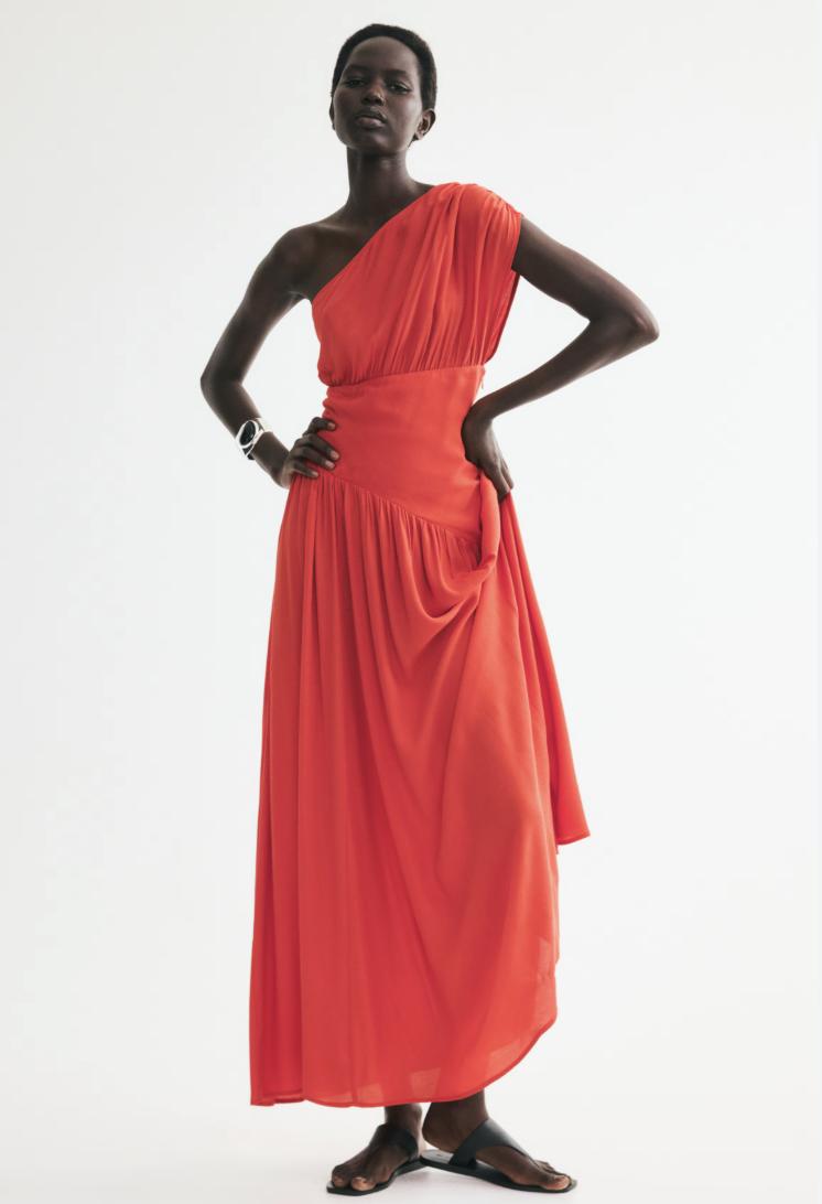 red off shoulder maxi dress