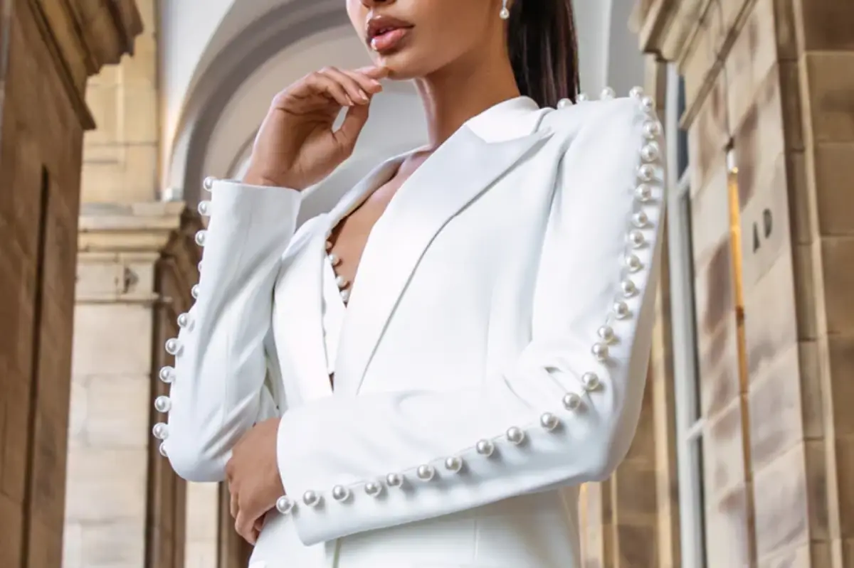 Chic Crystal Women Suits Set For Wedding White Jacket+Pants 2