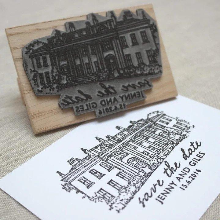 Stamp and stamped paper with essential information with an intricate drawing of the wedding venue