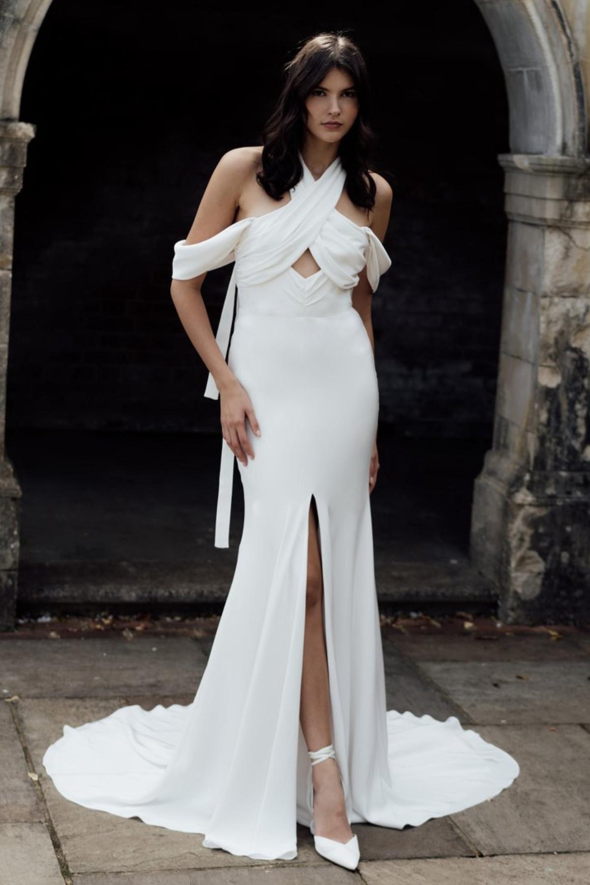 White Beaded Embellished Deep Plunging Neckline Chiffon Wedding Dress