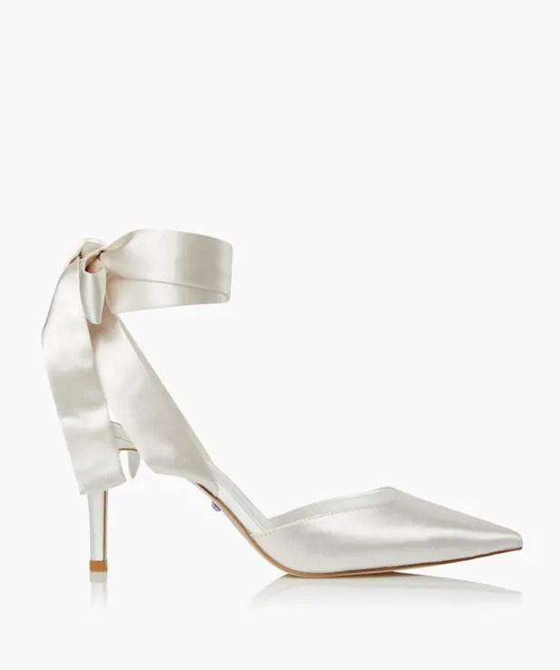 white satin heels with ankle bow