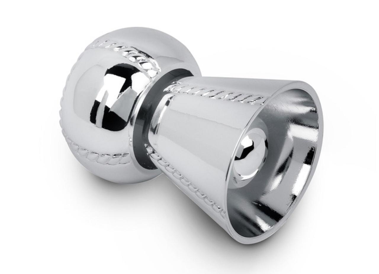 A silver plated champagne stopper on a plain white background