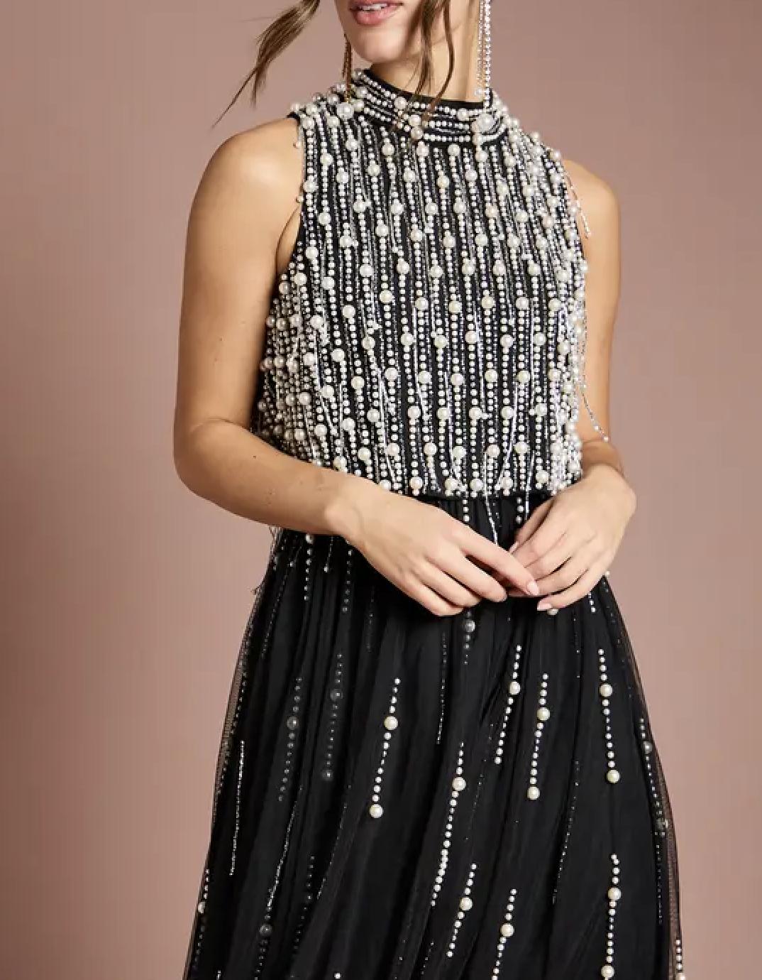 black beaded overlay dress with pearl detailing