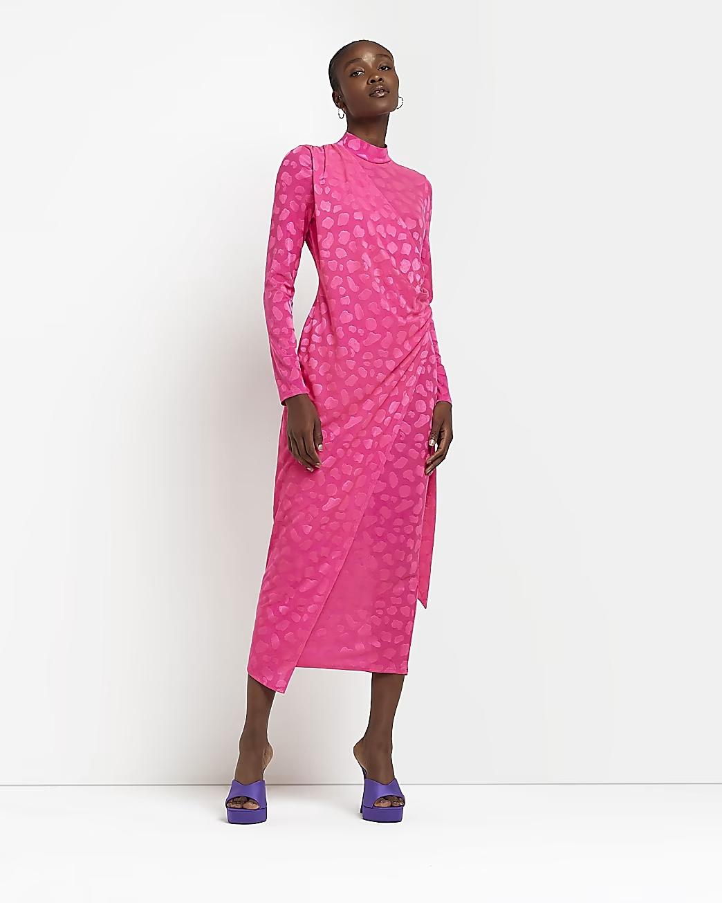 Pink satin wrap dress with a high neckline and a subtle leopard print pattern