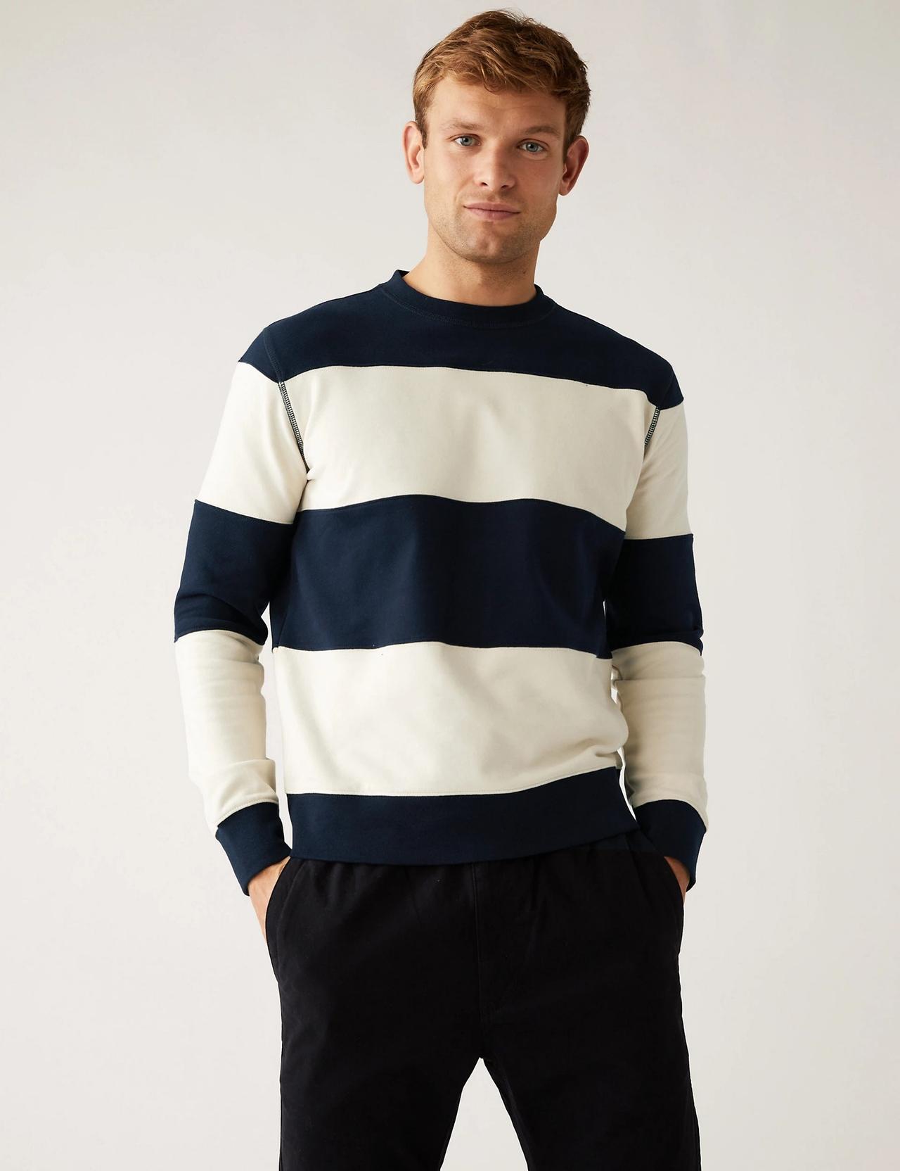 Model wearing a striped crew neck jumper