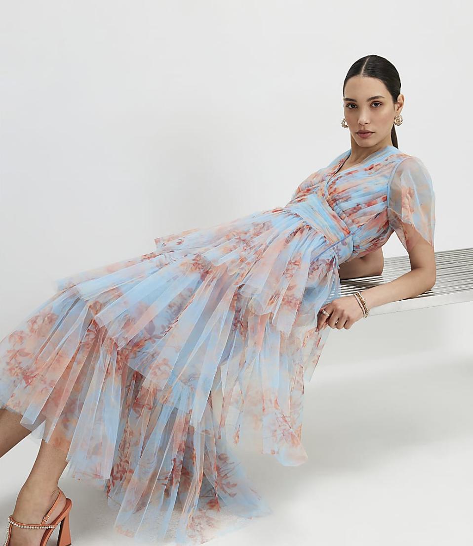 blue and pink tulle midi dress from River Island