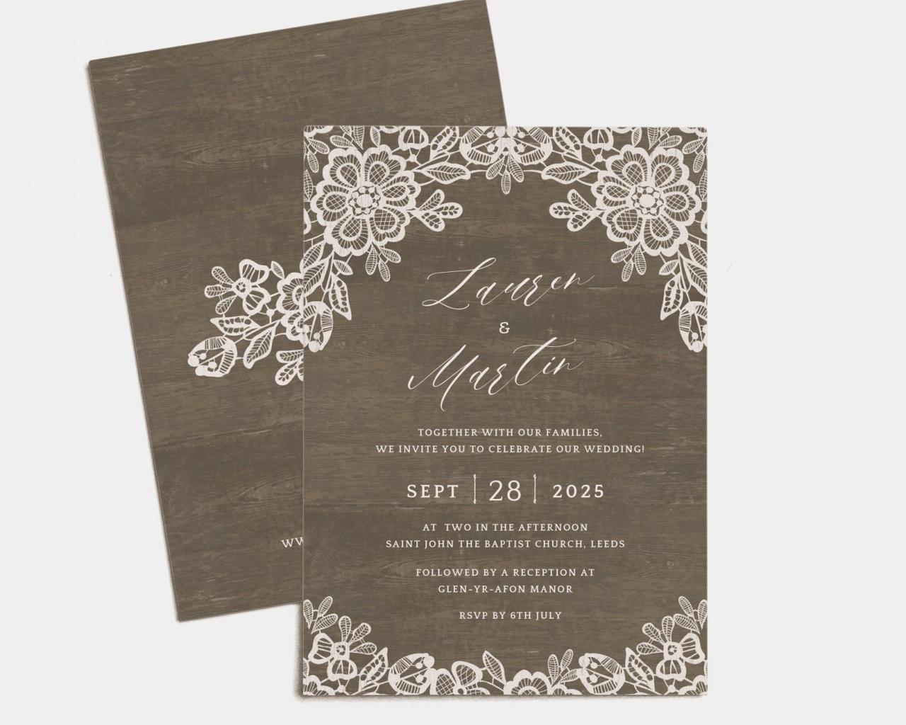 PERSONALISED WEDDING INVITATIONS RUSTIC WOOD EFFECT ROSE & LACE BUNTING 10 