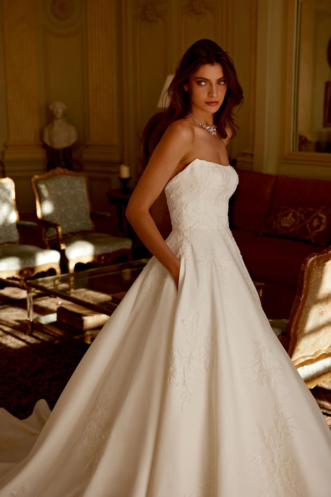 Justin Alexander Jordan Satin A-Line Gown with Embroidered Lace and Chapel Length Train