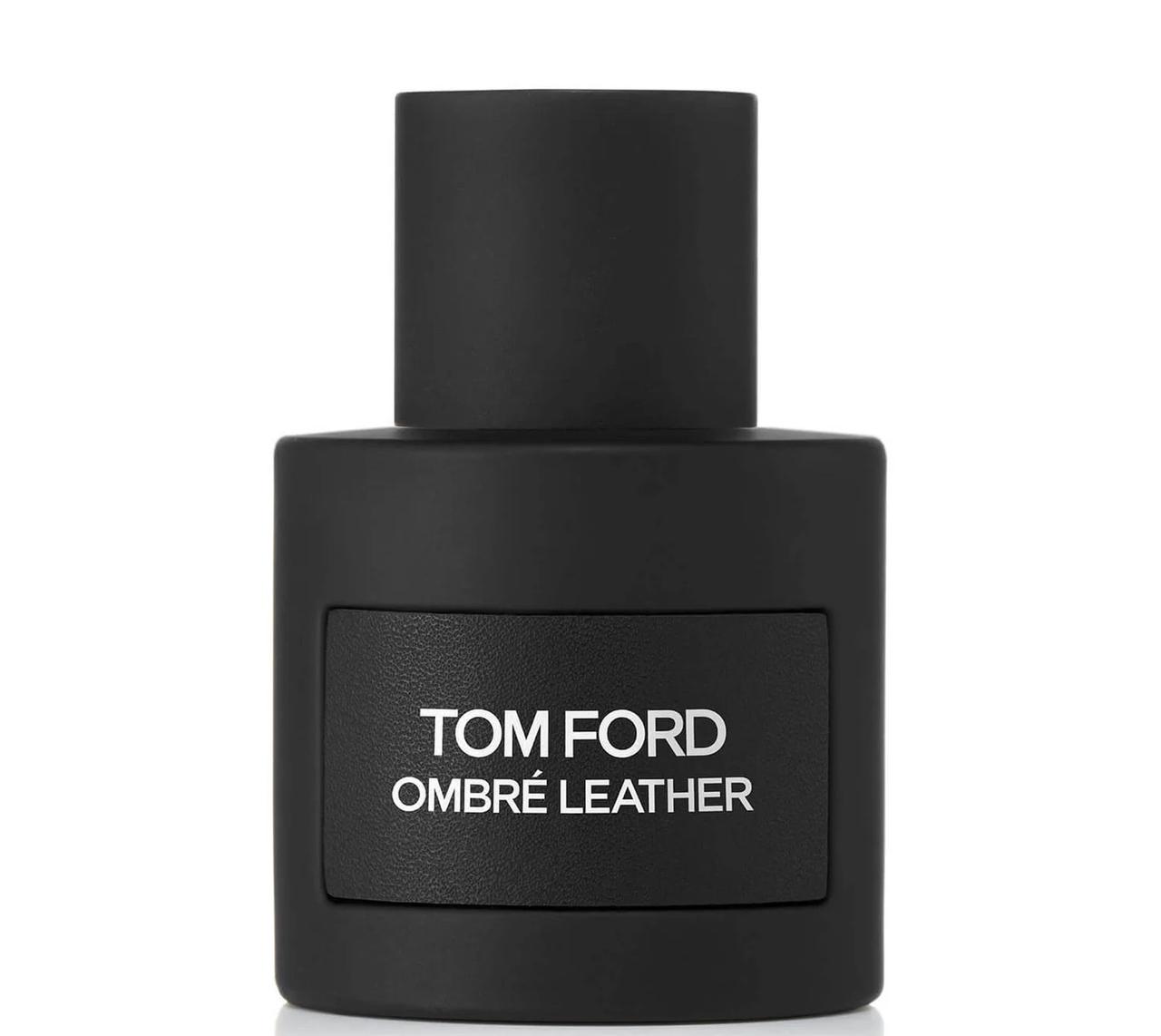 A black bottle of Tom Ford's Ombre Leather eau de parfum with black and white label