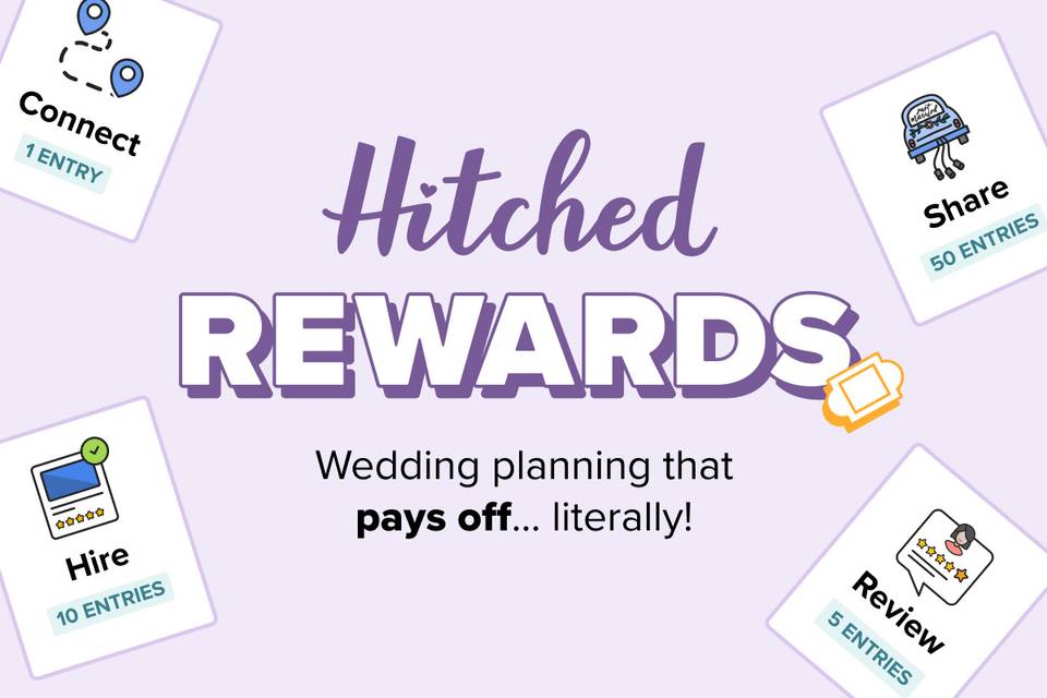 Hitched Rewards hero image, a lilac poster with graphics and text displaying how you can connect, share, hire and review vendors through the Hitched platform