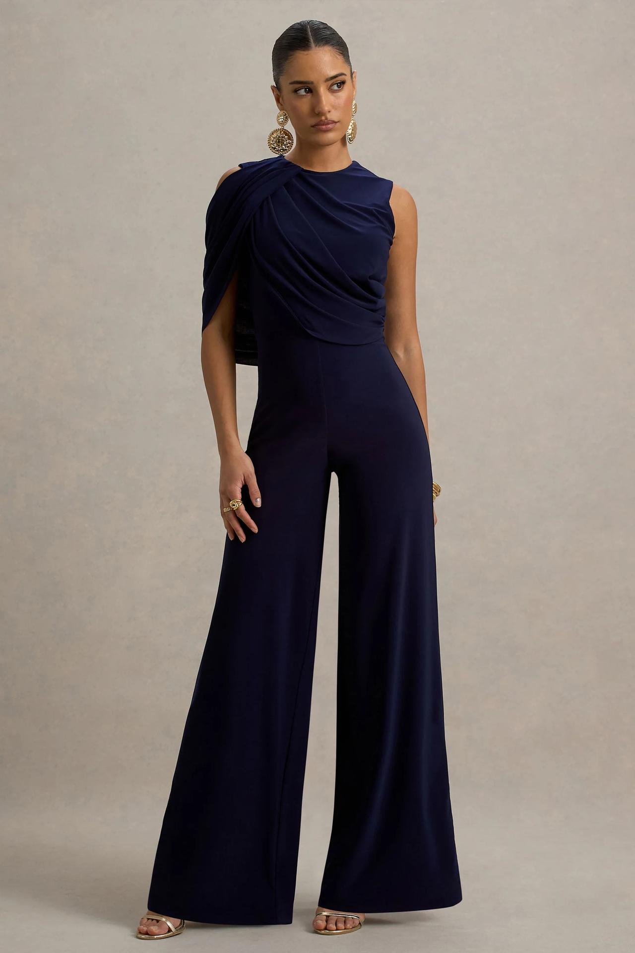 Opulence Navy Jumpsuit With Cape Sleeve and Draped Details – Club L London