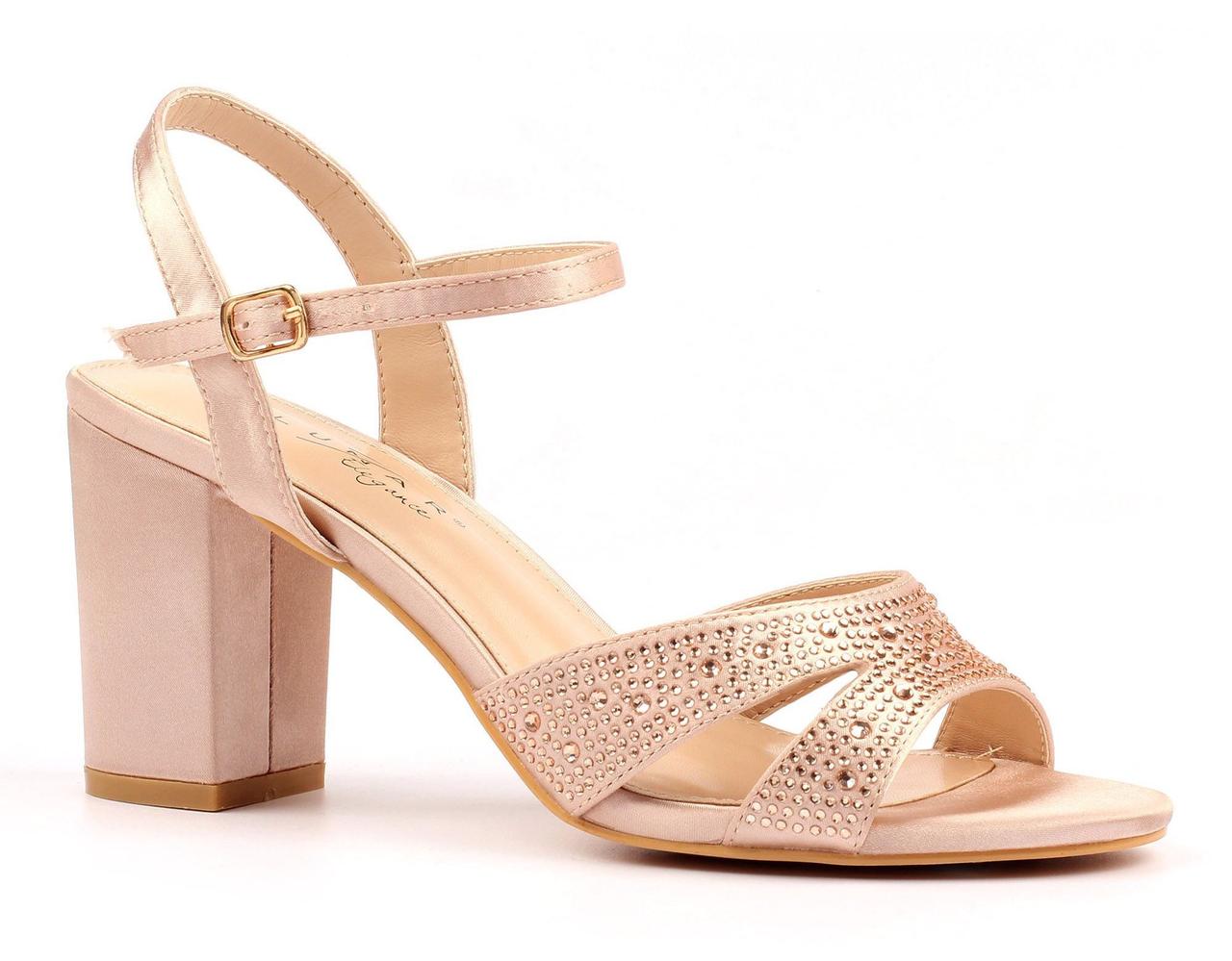 A nude-coloured block heel sandal with diamanté detailing on the front.