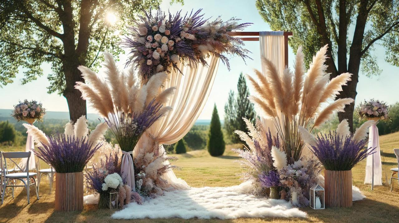 A wooden arch outdoors with lavender and pampas grass