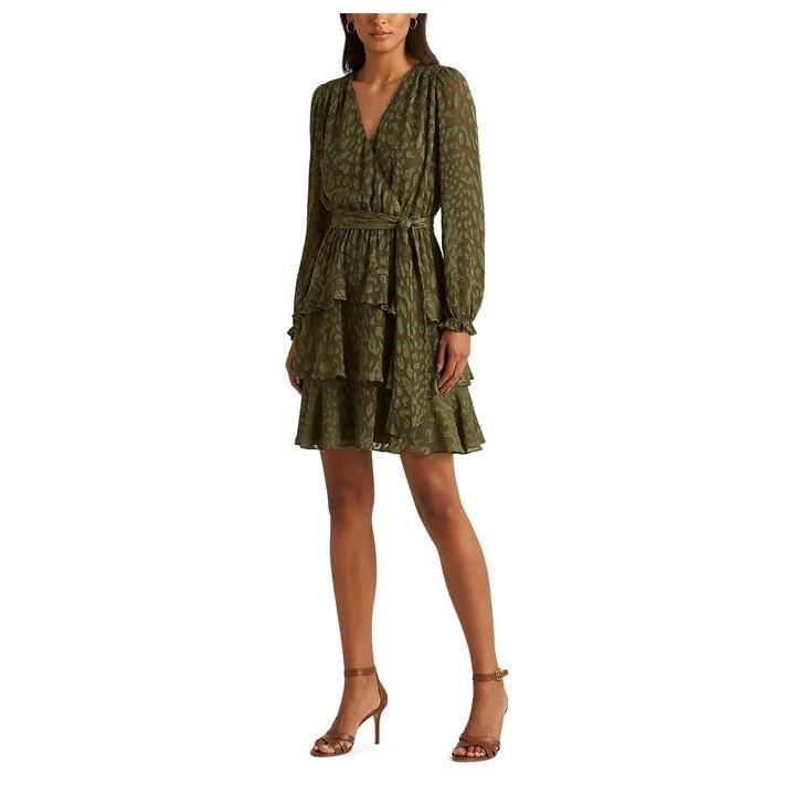 Khaki coloured long sleeve wrap front animal print mini dress
