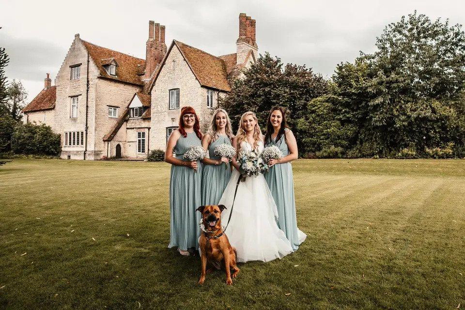 A bride with three bridesmaids in sage green dresses posing outside of a venue. They all hold bouquets and the bride holds the lead for a dog who is sitting in the foreground with its tongue out, with flowers on its collar
