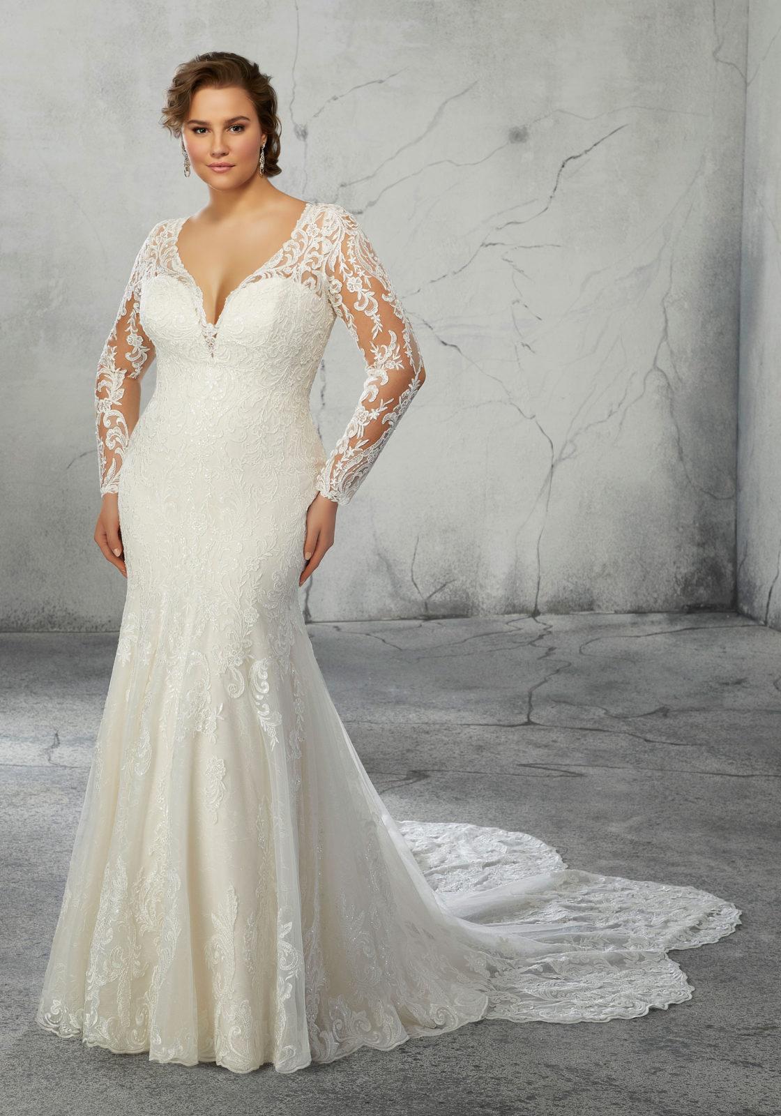 Plus size lace sales gowns with sleeves