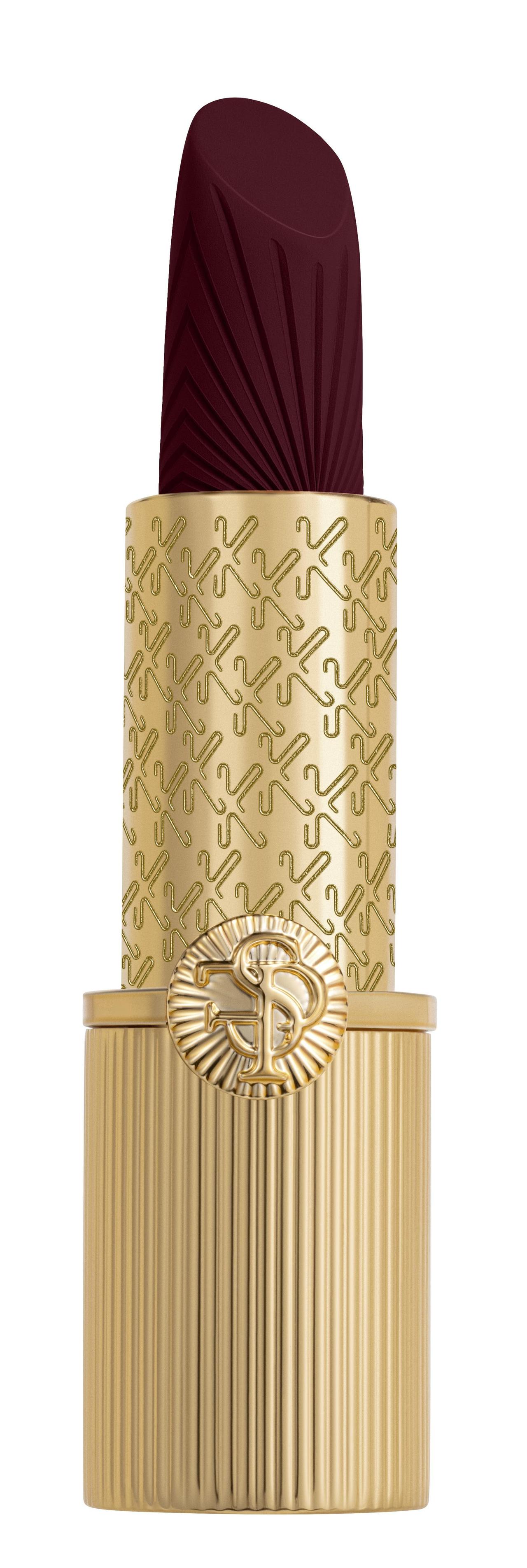 A luxury gold-packaged lipstick in Mulberry Cashmere dark red.