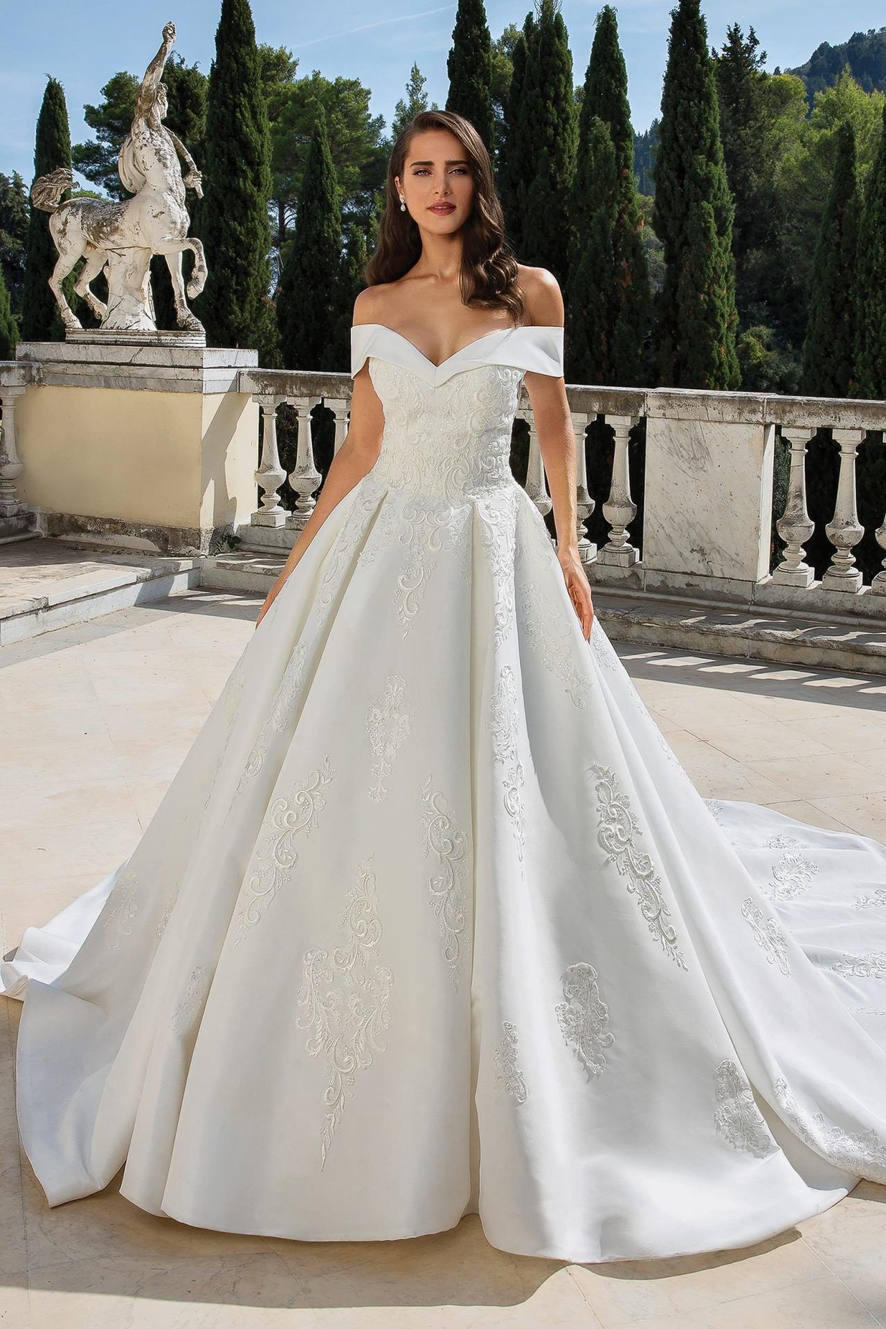 Bardot satin wedding hot sale dress