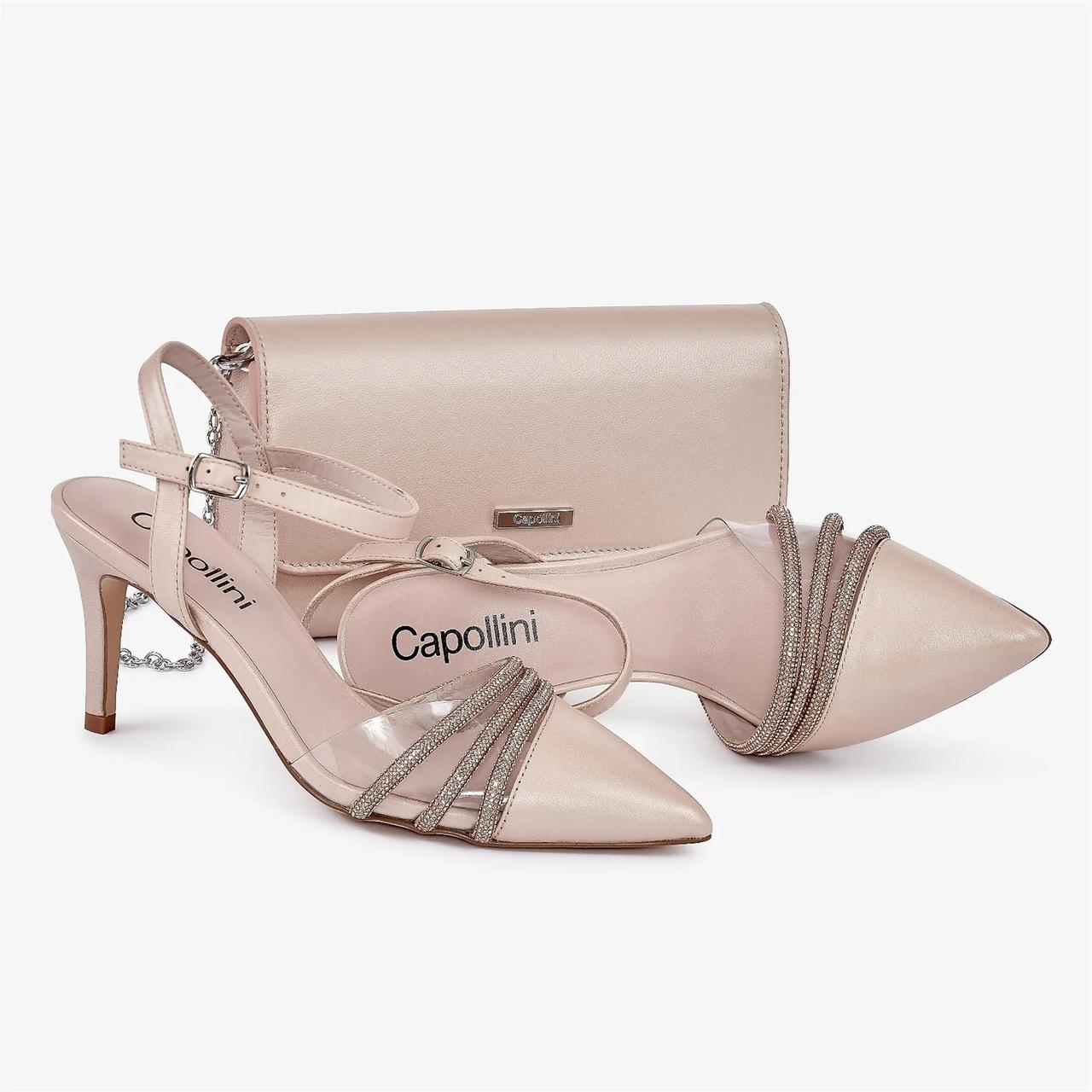 Capollini Ophelia Almond Pearlised Leather Ankle Strap Slingbacks & Clutch Bag – Lace & Favour