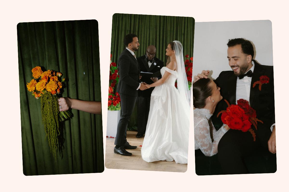 trio of photos of the quiet maximalism trend, demonstrating a happy couple holding bright orange blooms and a bunch of a red roses