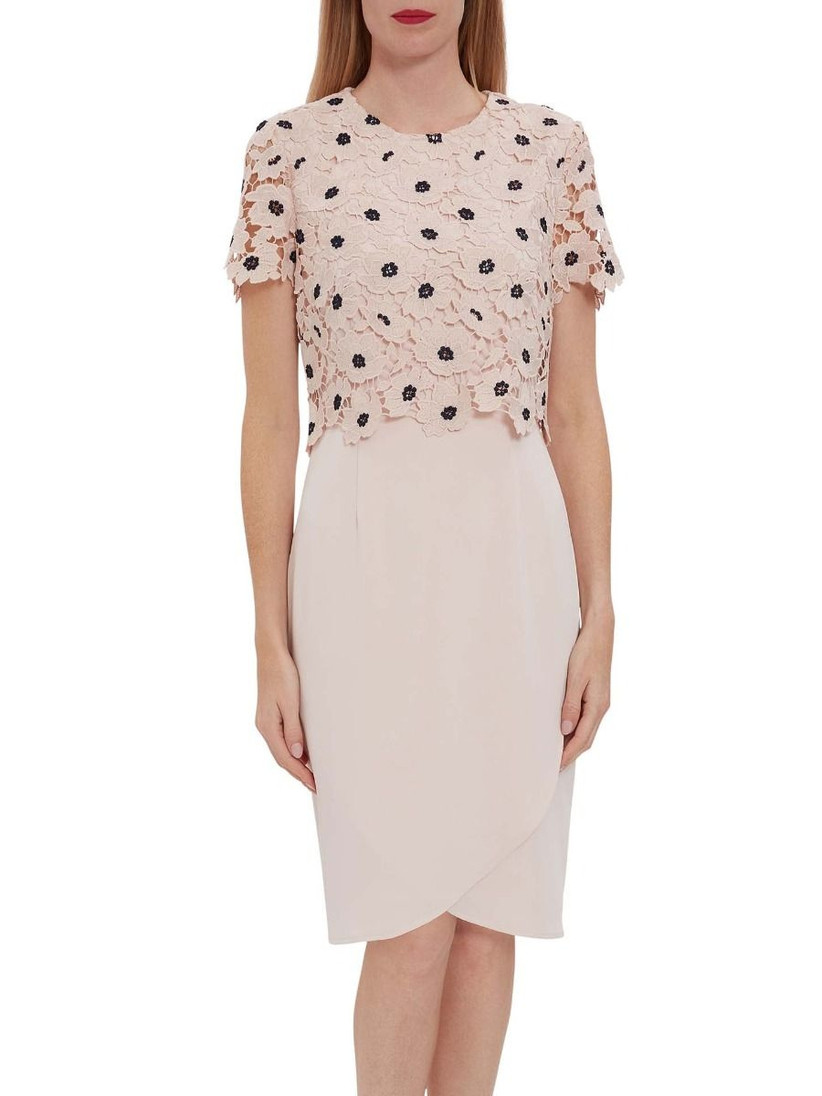 Model wearing a pink floral lace mother of the groom dress