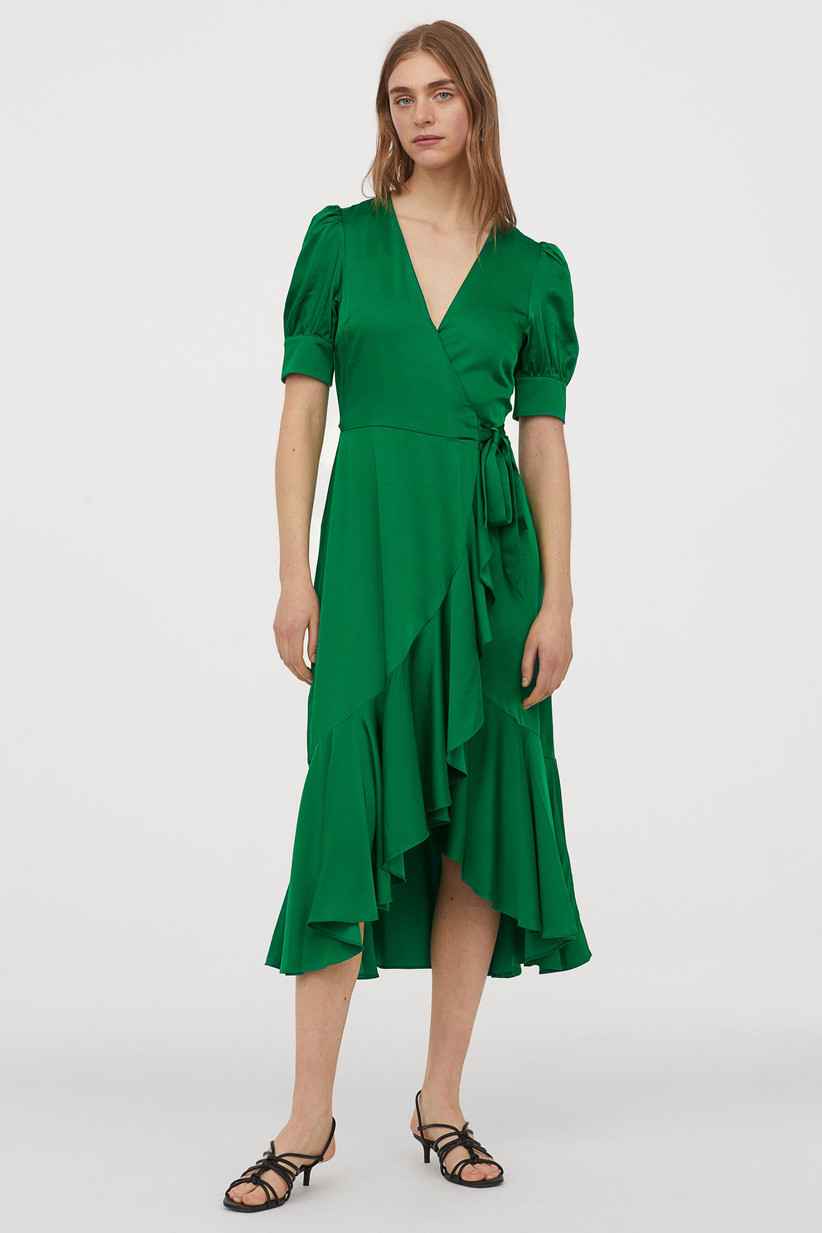 shape emerald green satin wrap dress