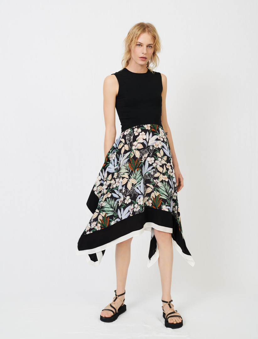 Dress with black sleeveless bodice and floral skirt