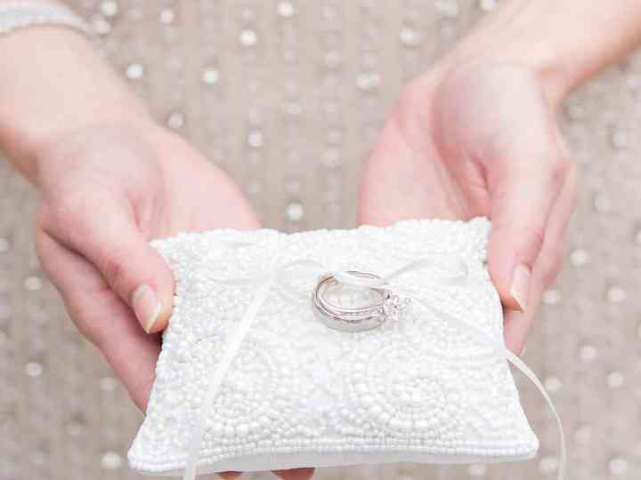Romantic grey wedding ring cushion with elegant white lace