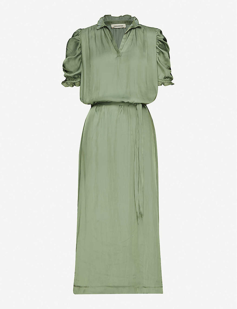 Green silky maxi dress with short ruched sleeves