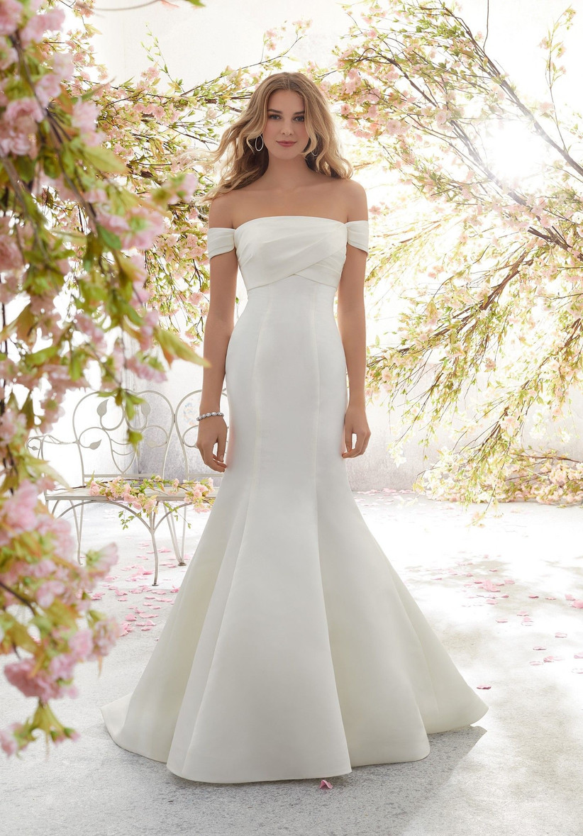 satin bardot wedding dress