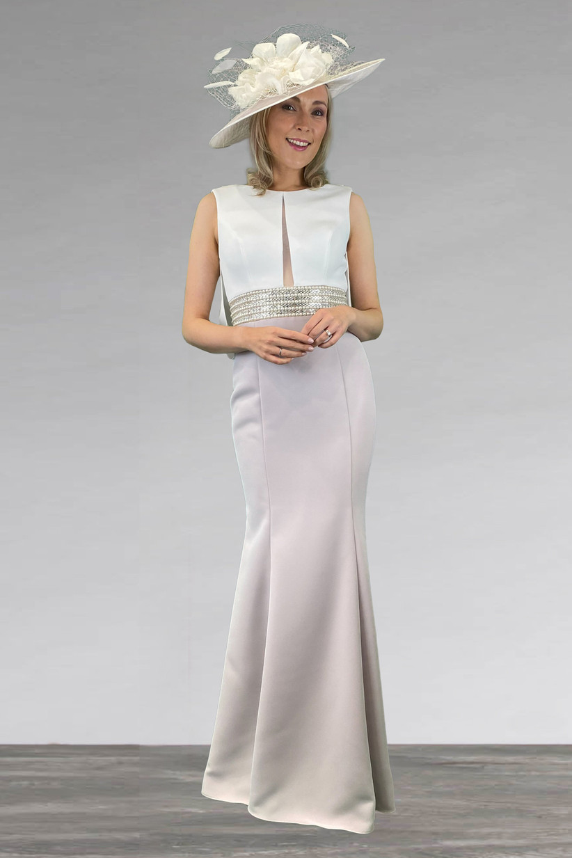 Model wearing a full length mother of the groom dress