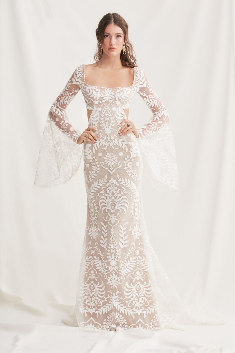 flared sleeve wedding dress