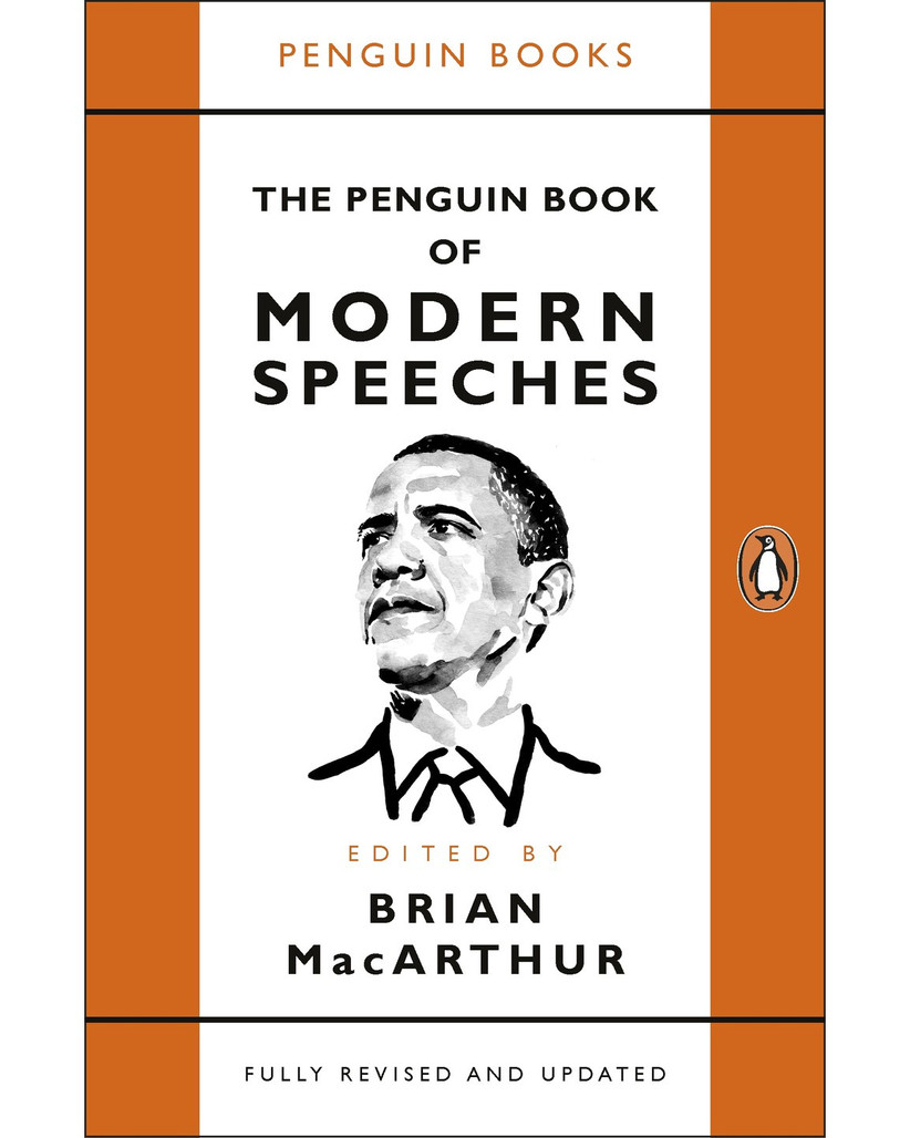 The Penguin Book of Modern Speeches in white and orange design with an illustration of Obama on the cover