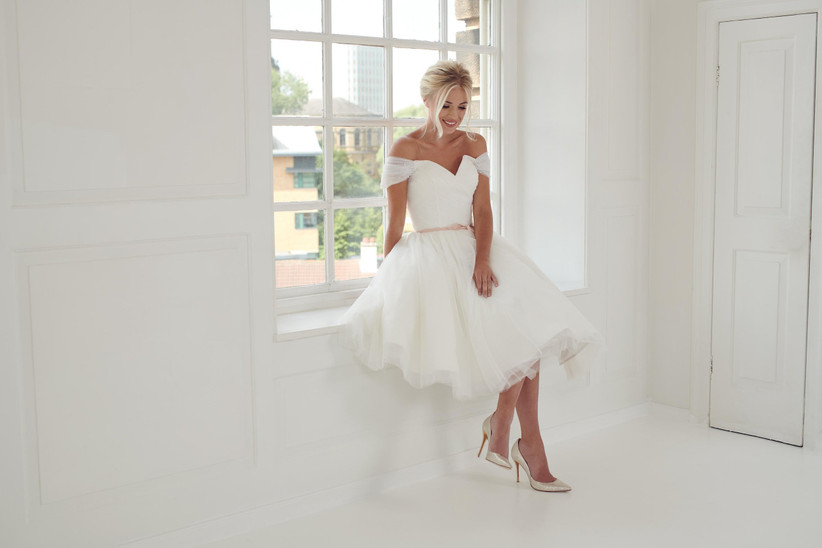 bardot tea length wedding dress