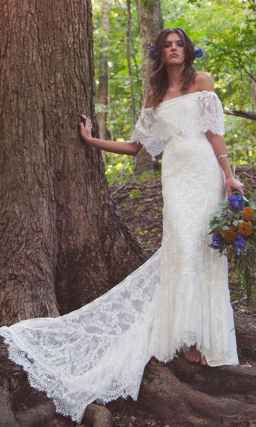 Bell Sleeve Off-the-Shoulder Lace Wedding Dress | Davids 