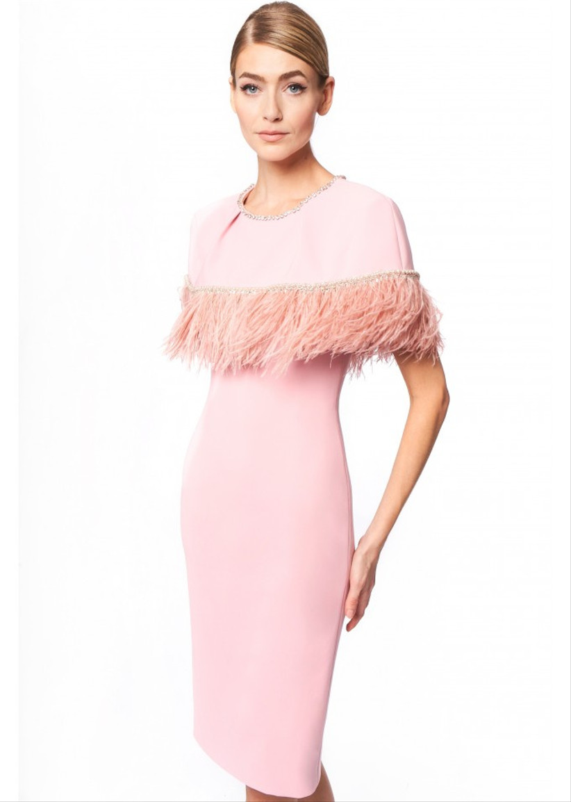 Model wearing a pink feather trim mother of the groom dress