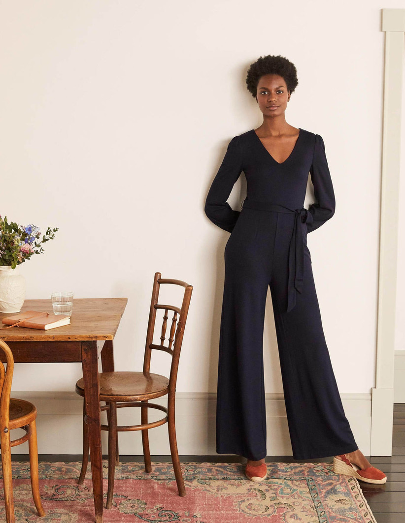 Navy long-sleeve v-neck jumpsuit